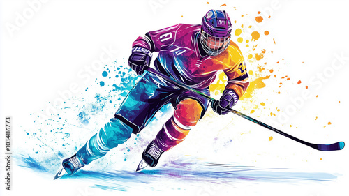 vector style that is colorful, simple, and minimalistic, in a cartoon style a ice hokey player with stick isolated on white background, front view, impression of high speed. Design element for poster,