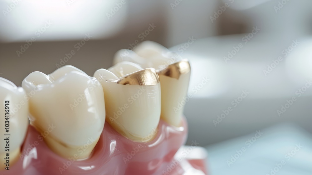 Close-up view of dental crown model showcasing gold inlay on teeth during a dental examination at a clinic