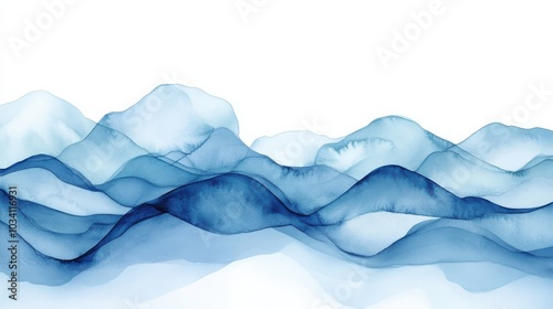 Abstract watercolor painting of blue mountains against a white background.