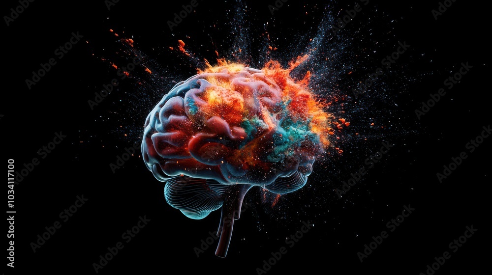 Fototapeta premium A 3D rendering of a human brain exploding with vibrant colors against a black background.