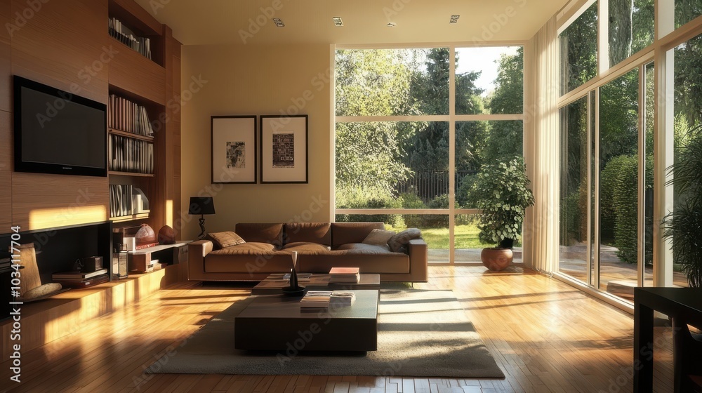 A spacious living room with large windows overlooking a lush green garden. The room is decorated in a warm and inviting style with a brown leather sofa and a coffee table. A spacious living room with large windows overlooking a lush green garden. The room is decorated in a warm and inviting style with a brown leather sofa and a coffee table.