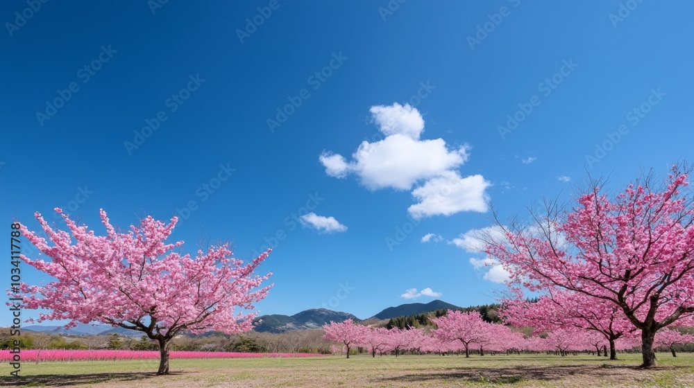 Blooming cherry blossom trees under a clear blue sky with fluffy clouds. Blooming cherry blossom trees under a clear blue sky with fluffy clouds.