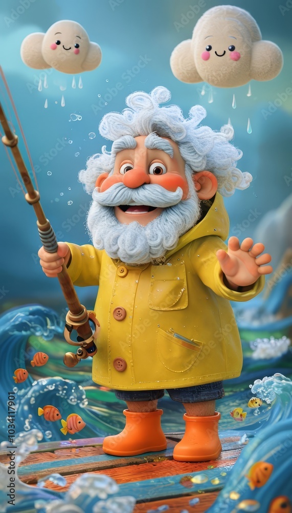 Full body photo of happy positive old man catch fish rod smile good mood isolated on blue color background Full body photo of happy positive old man catch fish rod smile good mood isolated on blue color background