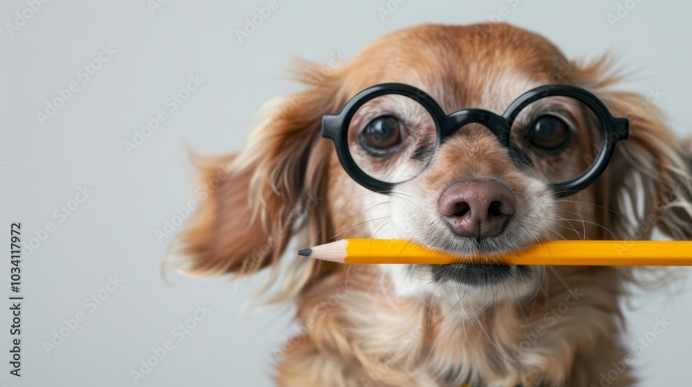 A playful dog wearing glasses holds a yellow pencil in its mouth, showcasing a charming and humorous expression indoors