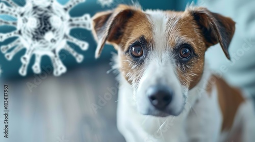 A curious dog gazes at a floating virus illustration in a cozy indoor setting during daylight hours