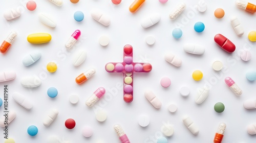 A cross made of pills surrounded by various pills.