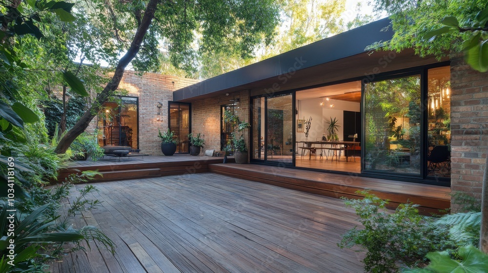 Fototapeta premium A modern home with a large wooden deck and sliding glass doors that open to a lush green backyard.