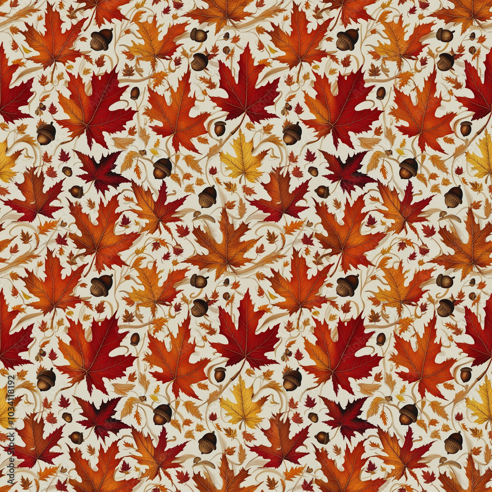 Tile seamless autumn pattern with colorful leaves and acorns. Tile seamless autumn pattern with colorful leaves and acorns.