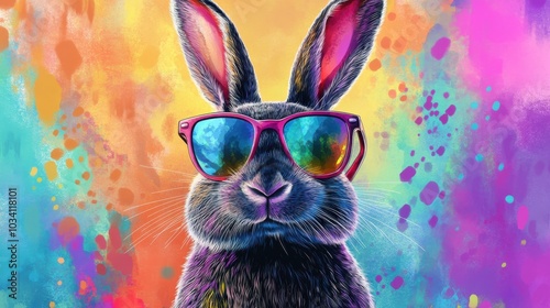 A cool rabbit wearing pink sunglasses against a colorful background.