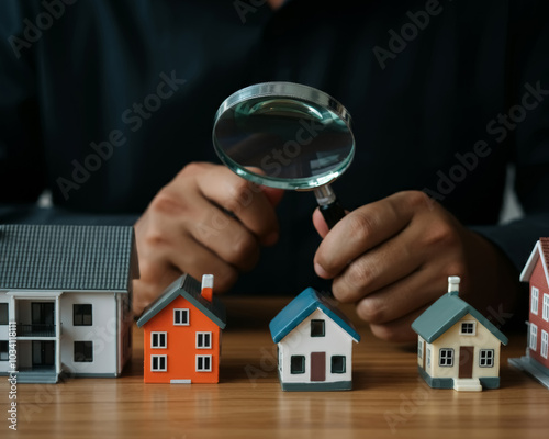 Man's hand holding magnifying glass and looking at tiny house model, house selection, real estate concept. photo