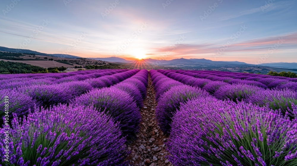 Obraz premium Lavender fields in bloom at sunset, vibrant purple flowers stretching across the landscape, serene natural beauty.