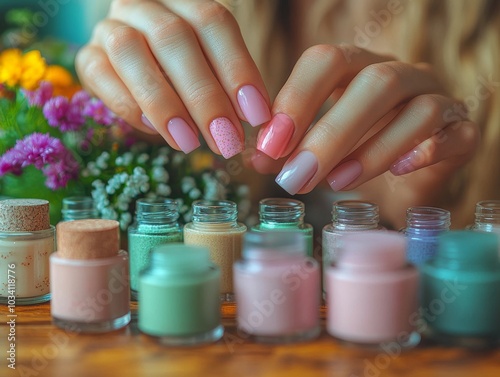 a woman hand gently applying non toxic nail care products displayed around