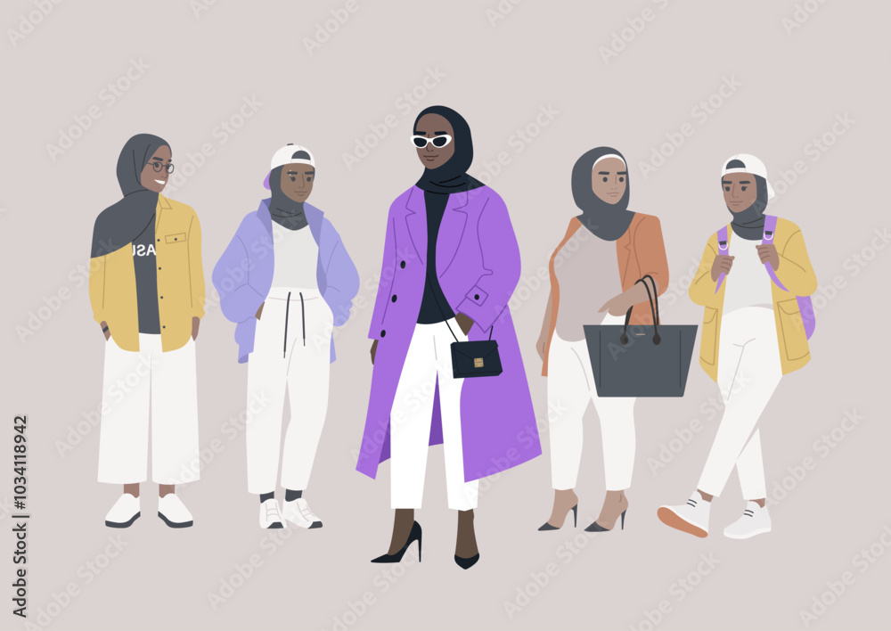 In a vibrant display of self-expression, a confident woman in a striking hijab stands out while surrounded by her friends, each showcasing unique fashion choices in a trendy urban setting In a vibrant display of self-expression, a confident woman in a striking hijab stands out while surrounded by her friends, each showcasing unique fashion choices in a trendy urban setting