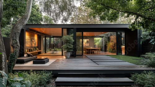 Modern home with a large patio featuring a deck and steps leading to a grassy area.