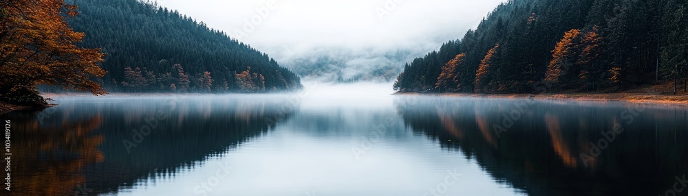 Serene mountain lake reflecting colorful autumn foliage and misty hills. Serene mountain lake reflecting colorful autumn foliage and misty hills.