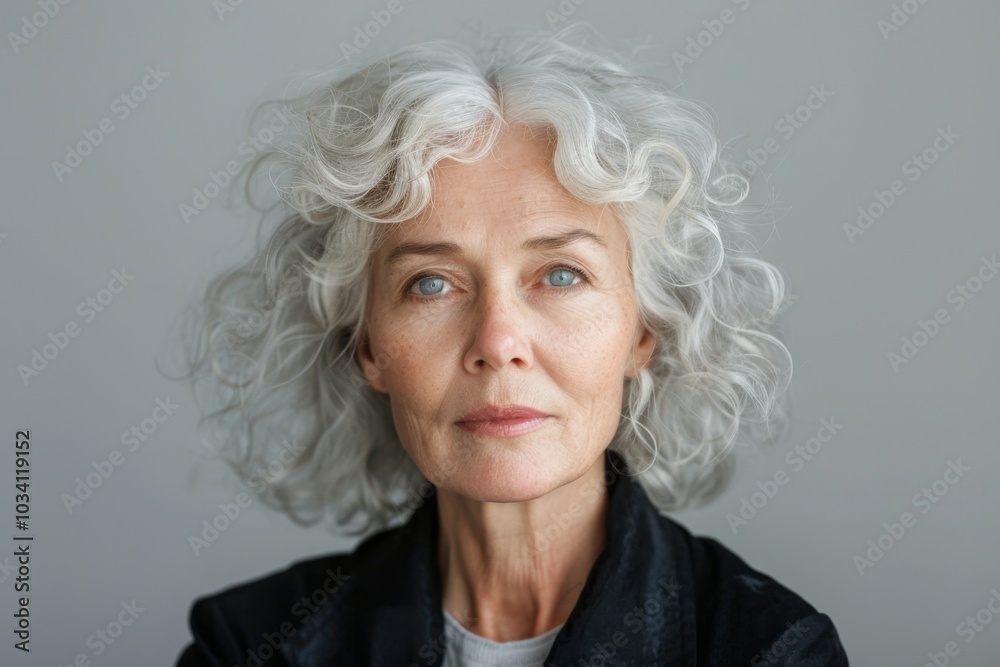 A Captivating Portrait of a Wise Woman with Beautiful Curly Silver Hair and Striking Blue Eyes A Captivating Portrait of a Wise Woman with Beautiful Curly Silver Hair and Striking Blue Eyes