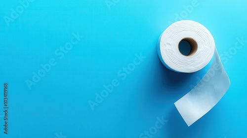 A roll of white toilet paper sits on a vibrant blue background, with a small section unrolled, showcasing a simple and neat aesthetic