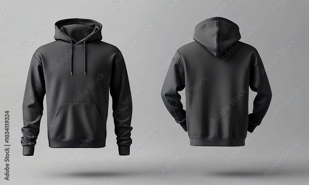 Black hoodie with front and back view isolated on gray background.