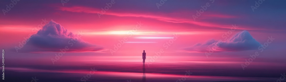Solitary figure admiring a vibrant sunset over a tranquil sea. Solitary figure admiring a vibrant sunset over a tranquil sea.