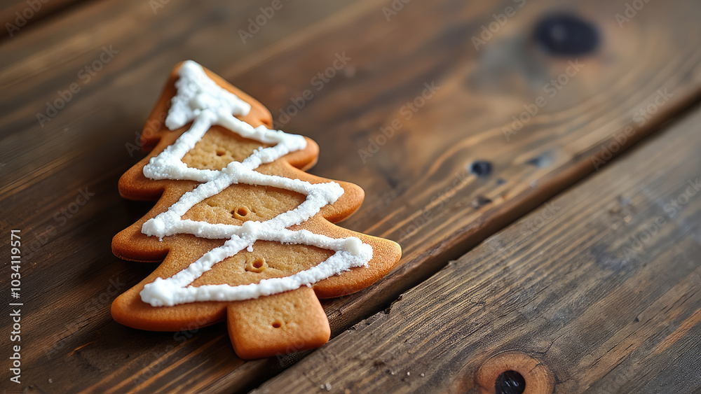 Warm, cozy holiday scene, featuring a freshly baked Christmas gingerbread fir tree cookie on a rustic wooden table with ample copy space. The lighting is soft, enhancing the festive atmosphere Warm, cozy holiday scene, featuring a freshly baked Christmas gingerbread fir tree cookie on a rustic wooden table with ample copy space. The lighting is soft, enhancing the festive atmosphere
