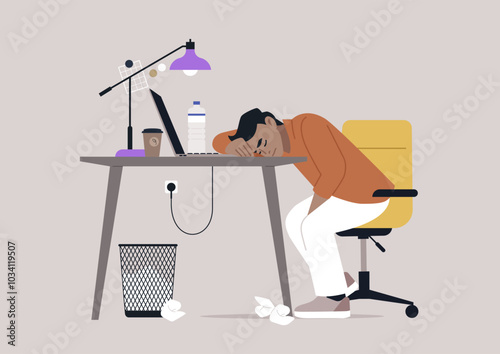 An exhausted individual rests their head on a desk in an overcrowded office, surrounded by crumpled tissues, a coffee cup, and a water bottle, embodying the struggle of long hours at work