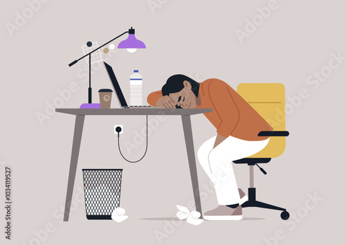 An exhausted individual rests their head on a desk in an overcrowded office, surrounded by crumpled tissues, a coffee cup, and a water bottle, embodying the struggle of long hours at work