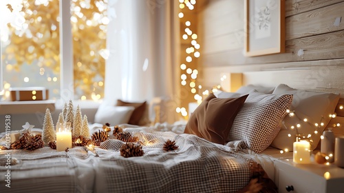 Cozy bedroom with plaid blankets and Christmas lights, holiday comfort, 3D illustration photo