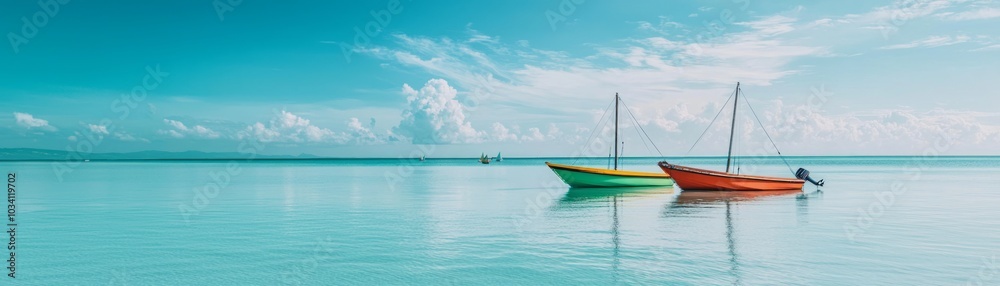 Two colorful fishing boats floating on a calm turquoise sea under a bright sky, creating a serene travel scene. Two colorful fishing boats floating on a calm turquoise sea under a bright sky, creating a serene travel scene.