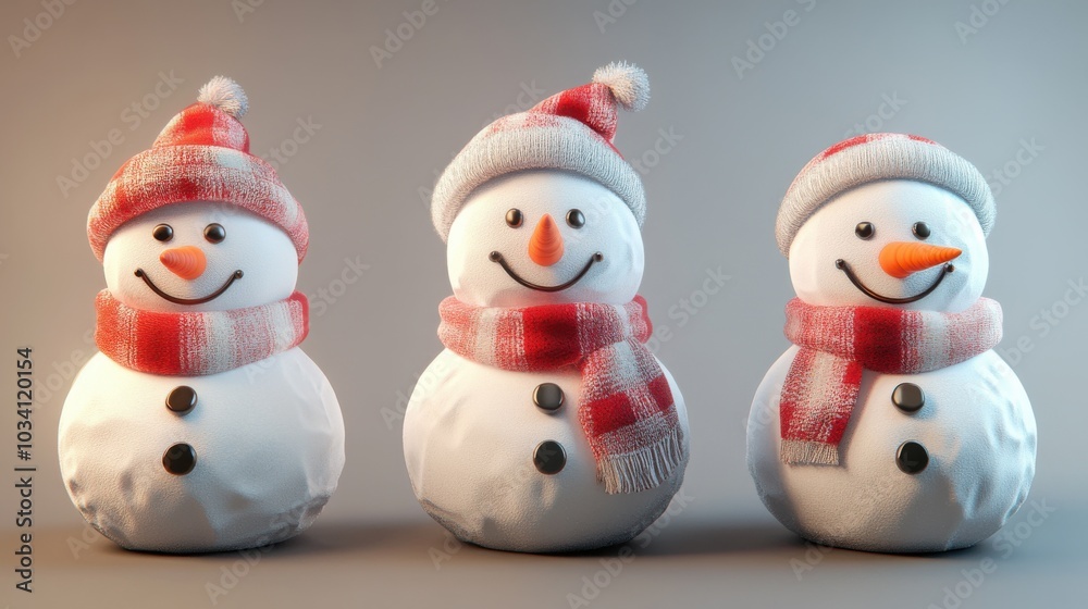 Three snowmen stand in a row, each wearing a red and white checkered hat and scarf, looking cheerful and ready for winter. Three snowmen stand in a row, each wearing a red and white checkered hat and scarf, looking cheerful and ready for winter.