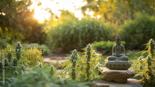 Buddha statue in a garden at sunset.