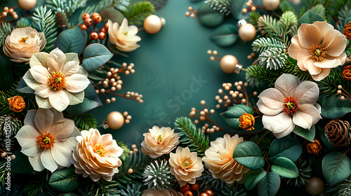 Elegant floral arrangement with soft blooms and decorative elements on a teal background