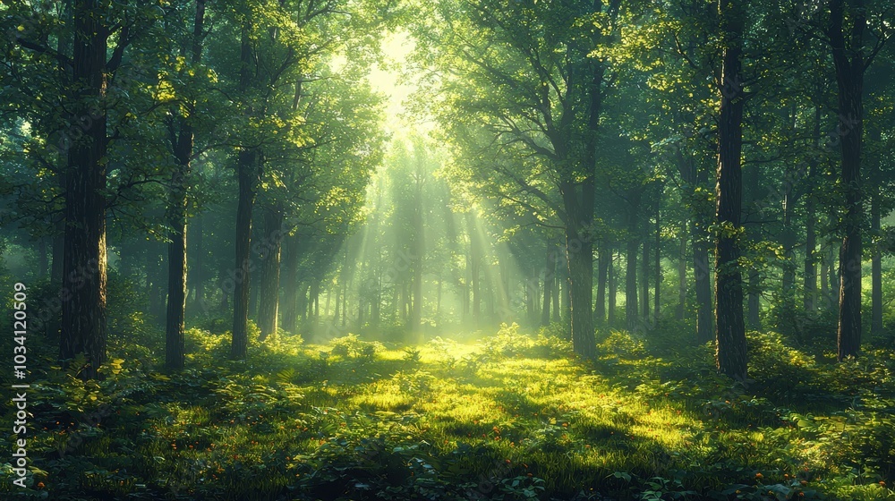 Obraz premium Sunlight streams through dense forest trees.