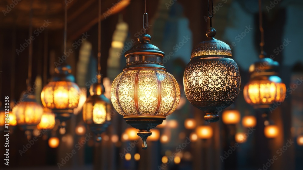 Intricate, ornate lanterns hang in a dimly lit space, casting a warm glow. Intricate, ornate lanterns hang in a dimly lit space, casting a warm glow.