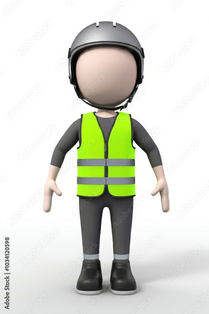3d human at a stop pose. Green luminous protective vest, protective helmet 3d human at a stop pose. Green luminous protective vest, protective helmet