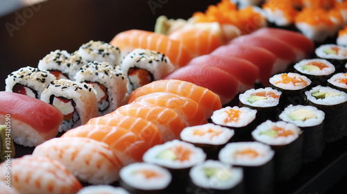 Na eleganckim stole znajduje się wyrafinowany zestaw sushi, w którym każdy kawałek jest starannie ułożony.