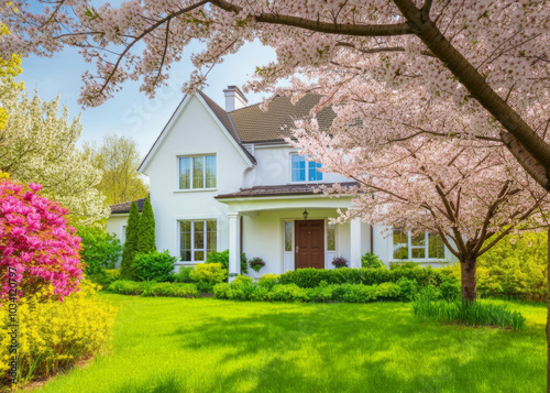 Beautiful exterior home with green grass yard, trees in bloom, and flowering bushes during morning spring time. photo