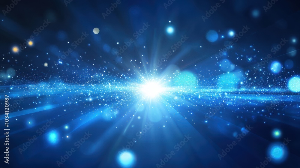 A bright, white light shines through a field of blue sparkles, creating a beautiful abstract background. A bright, white light shines through a field of blue sparkles, creating a beautiful abstract background.