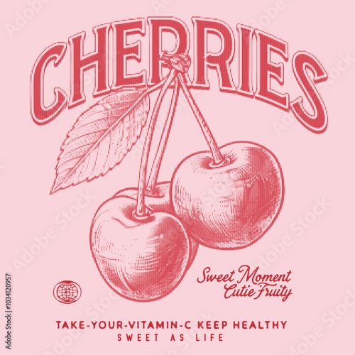 cherries written cherry sweet moment print style. Vector for silkscreen, dtg, dtf, t-shirts, signs, banners, Subimation Jobs or for any application. vector image of vintage graphics print art,