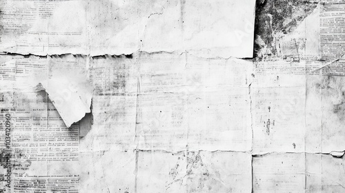 A close-up of a textured, black and white background of wrinkled and torn newsprint.