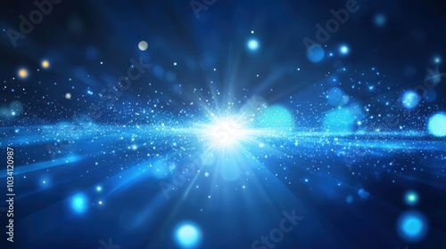A bright, white light shines through a field of blue sparkles, creating a beautiful abstract background.