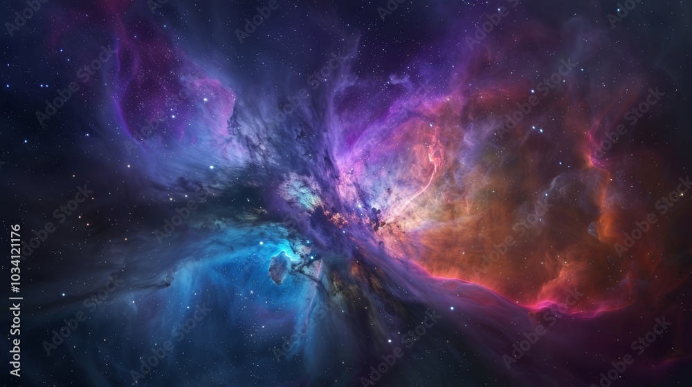 Obraz premium Vibrant cosmic nebula displaying swirling clouds of color and starlight in the depths of space, captured in a stunning astrophotographic view
