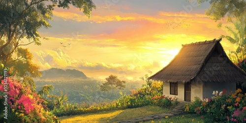 A rustic house with a thatched roof in a tropical