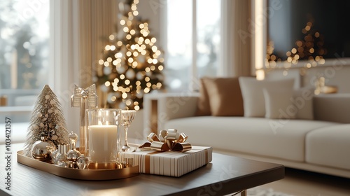Modern living room with minimalist Christmas decor, elegant holiday style, 3D illustration