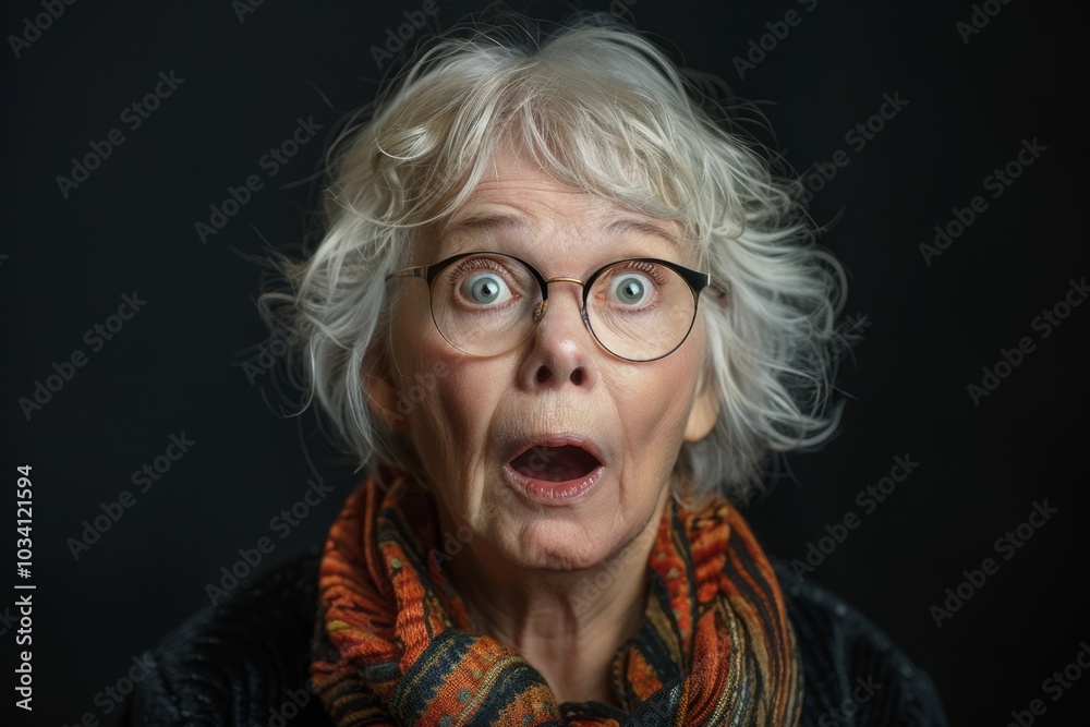 Astonished Expression of an Elderly Woman Captured in Portrait Photography with Dark Background Astonished Expression of an Elderly Woman Captured in Portrait Photography with Dark Background