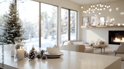 Openconcept living and dining area with subtle Christmas accents, modern holiday style, 3D illustration