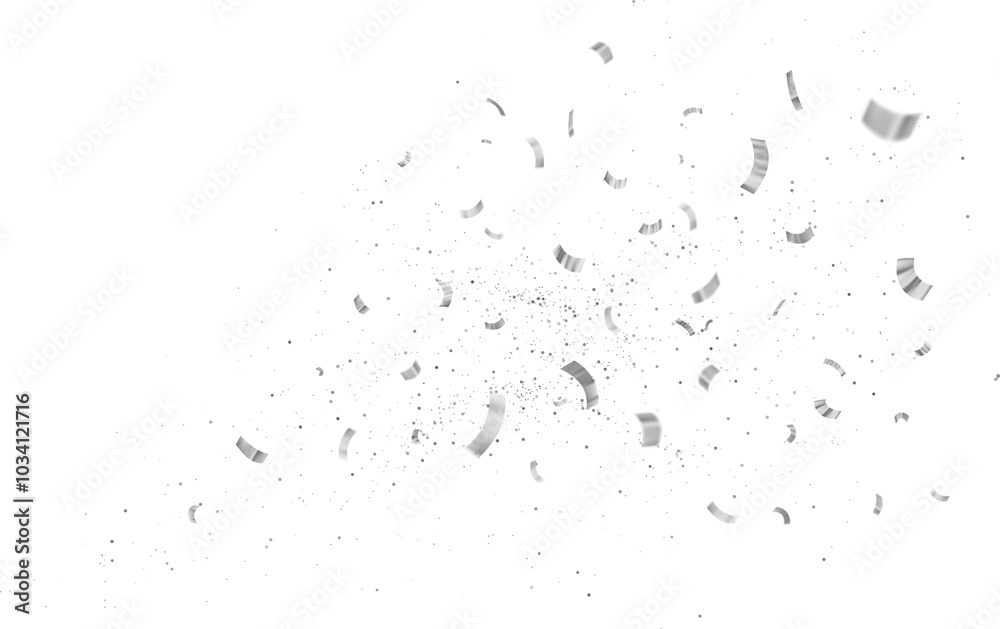 Obraz premium White Silver Falling Foil Confetti with Glitter Dust. Festive Background. Greeting Design. Congratulations Card