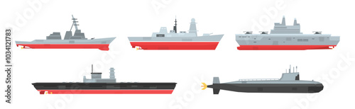 Military Boats and Different Type of Naval Combat Ship Vector Set