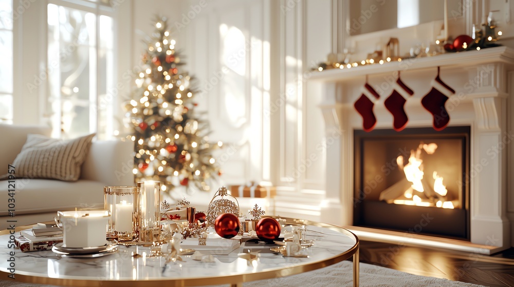 Traditional living room with fireplace, stockings, and red Christmas tree ornaments, 3D illustration Traditional living room with fireplace, stockings, and red Christmas tree ornaments, 3D illustration
