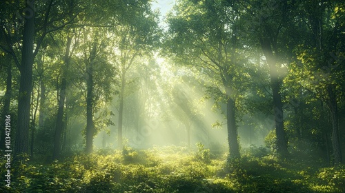 Sunlight beams through dense green forest.