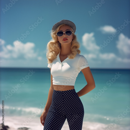 a 1920 blonde pin up standing on a beach with sunglasses and a hat with a white shirt and navy leggings with  white polka dots and flats shoes